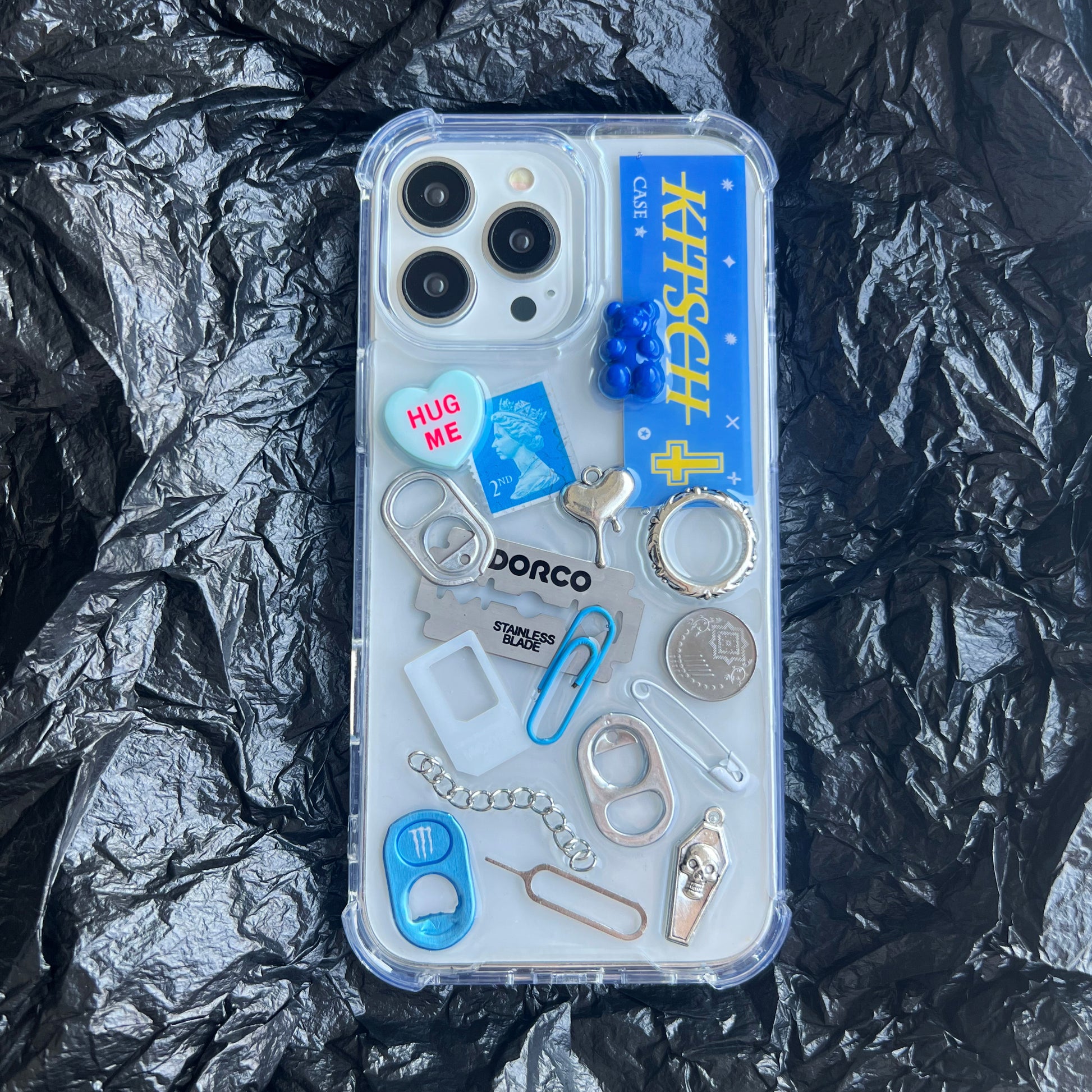 blue aesthetic phone case by Kitsch Case, Y2K digital nostalgia design, cold tone junk aesthetic product image