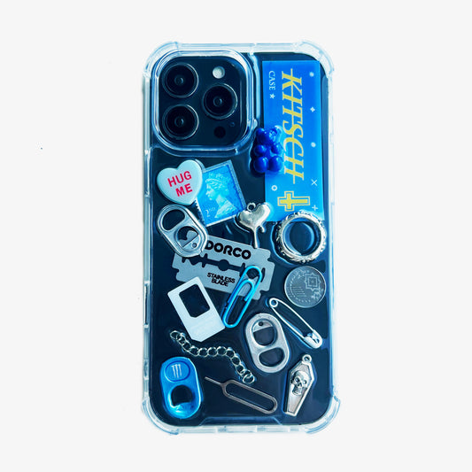 blue junk aesthetic phone case by Kitsch Case on white background, Y2K aesthetic phone case product display