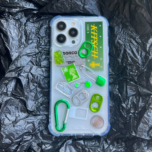 green aesthetic phone case by Kitsch Case, toxic Y2K junk aesthetic design, dark mood product photography