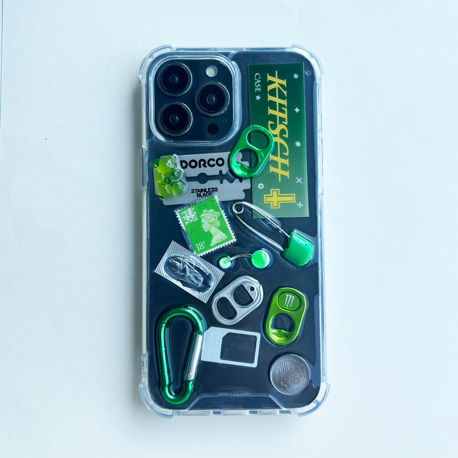 green junk aesthetic phone case by Kitsch Case on white background, aesthetic phone case product display