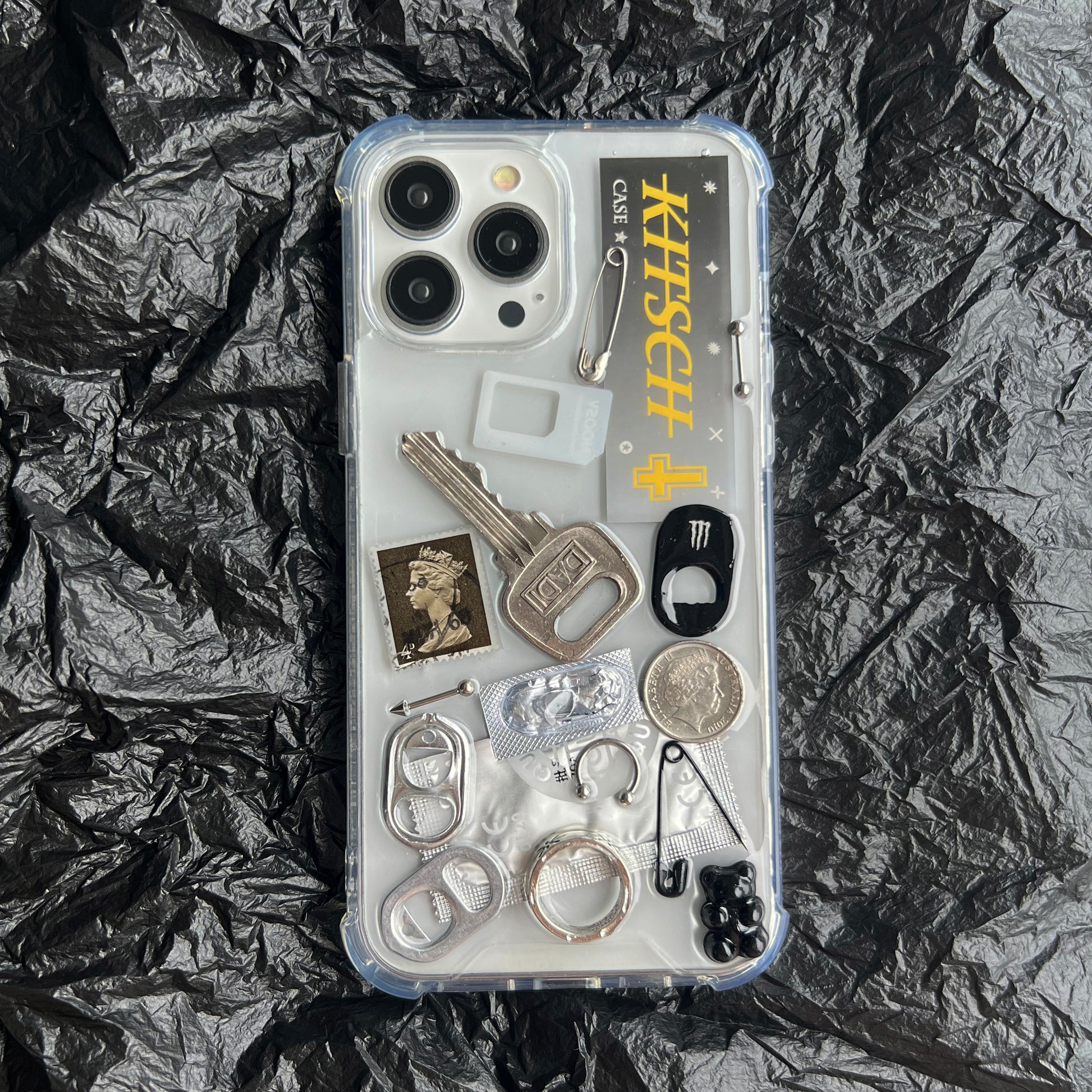 grey aesthetic phone case by Kitsch Case, minimal Y2K archive design, neutral mood product photography