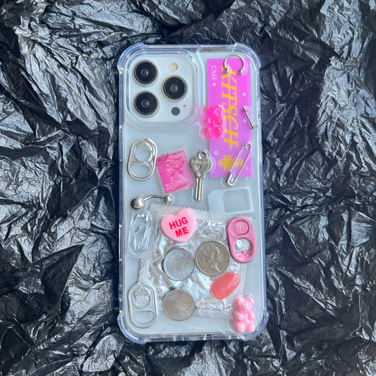 pink aesthetic phone case by Kitsch Case, soft chaos Y2K aesthetic design, dark mood product shot