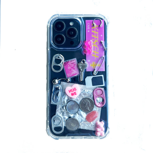 pink junk aesthetic phone case by Kitsch Case on white background, cute aesthetic phone case product display