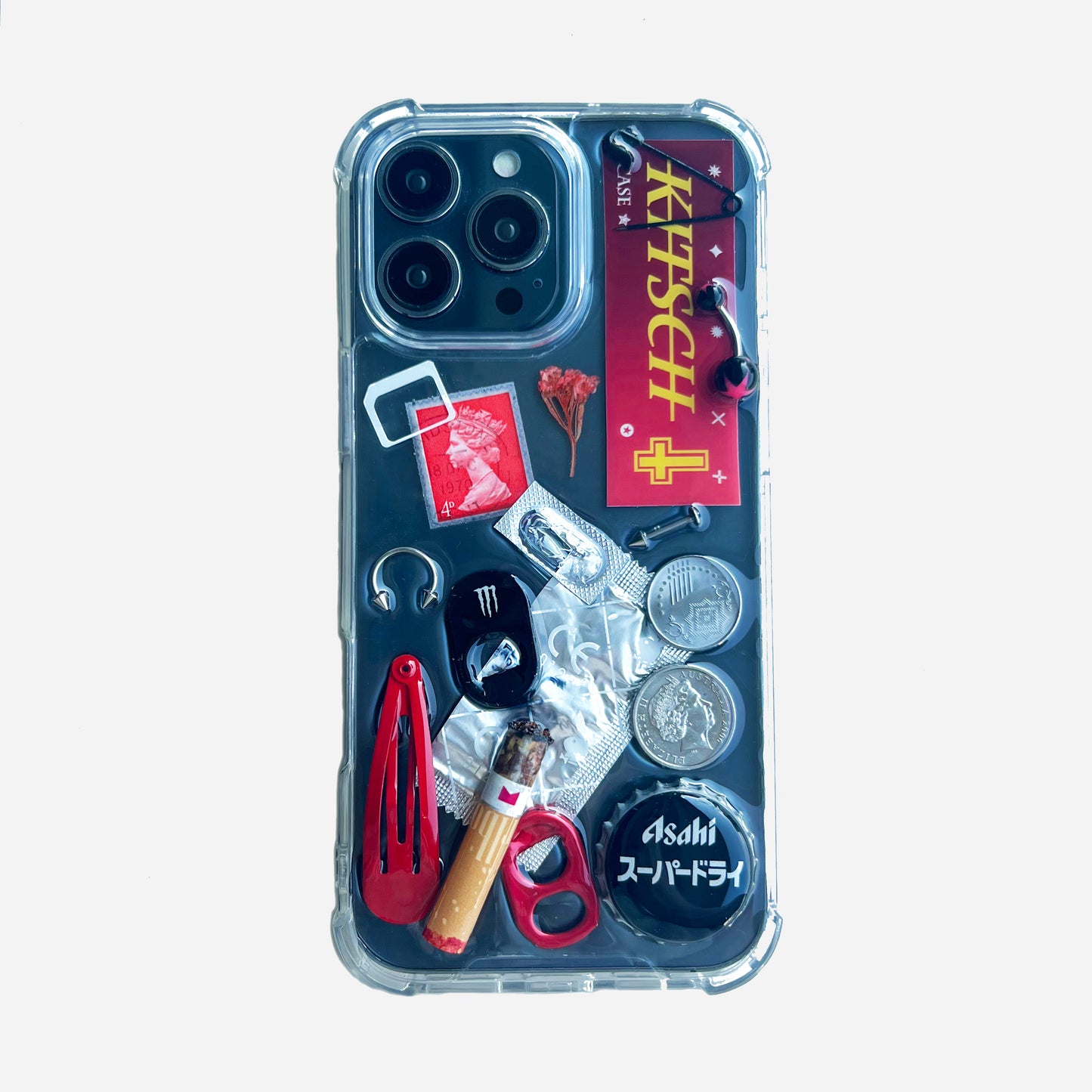 red junk aesthetic phone case by Kitsch Case on white background, Y2K aesthetic phone case product display